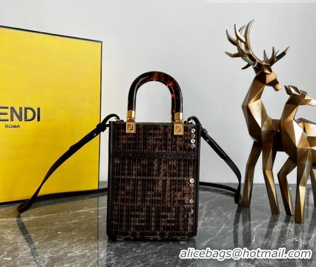 Inexpensive Fendi Mini Sunshine Shopper Tote Bag in Brown FF jacquard fabric bag with sequins FD1071 2023