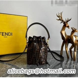 Buy Discount Fendi Mon Tresor Mini Bucket Bag in Brown FF jacquard fabric bag with sequins FD1072 2023