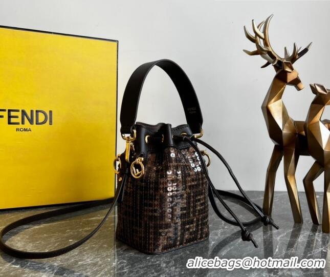 Buy Discount Fendi Mon Tresor Mini Bucket Bag in Brown FF jacquard fabric bag with sequins FD1072 2023