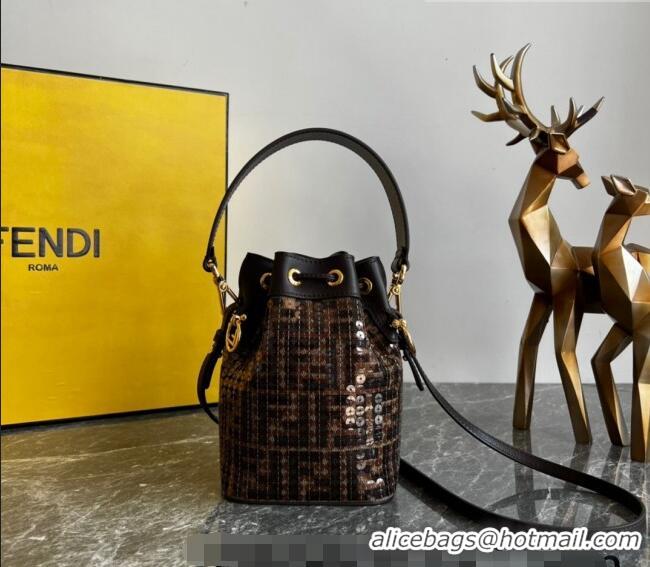 Buy Discount Fendi Mon Tresor Mini Bucket Bag in Brown FF jacquard fabric bag with sequins FD1072 2023