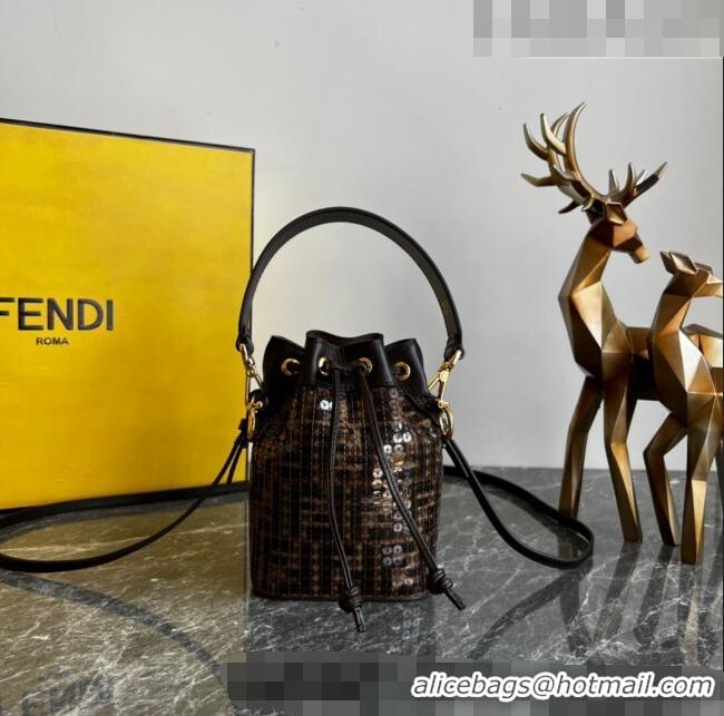 Buy Discount Fendi Mon Tresor Mini Bucket Bag in Brown FF jacquard fabric bag with sequins FD1072 2023