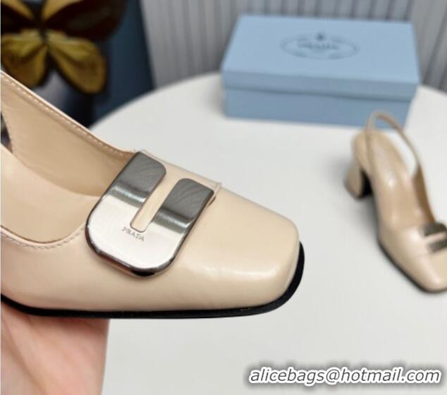 Best Price Prada Brushed Leather Slingback Pumps 8.5cm with Metal-Tone Charm Nude 915074