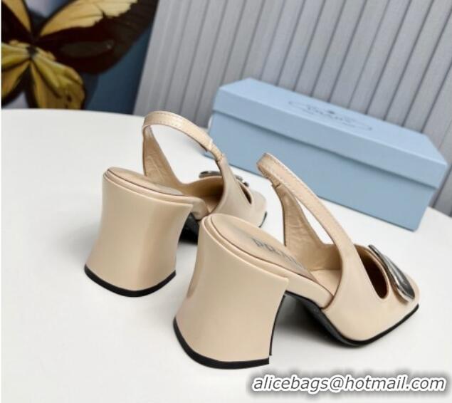 Best Price Prada Brushed Leather Slingback Pumps 8.5cm with Metal-Tone Charm Nude 915074