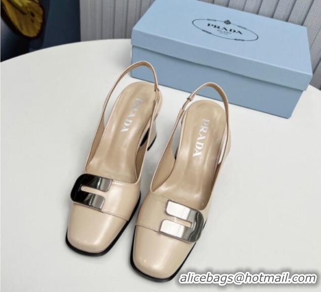 Best Price Prada Brushed Leather Slingback Pumps 8.5cm with Metal-Tone Charm Nude 915074