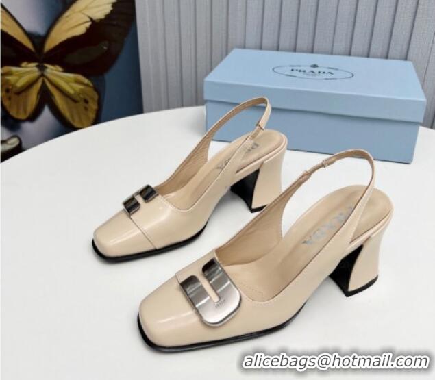 Best Price Prada Brushed Leather Slingback Pumps 8.5cm with Metal-Tone Charm Nude 915074