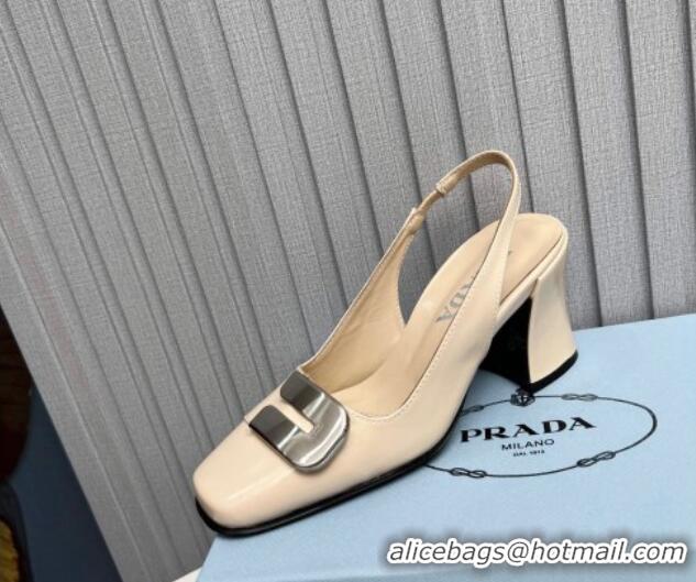 Best Price Prada Brushed Leather Slingback Pumps 8.5cm with Metal-Tone Charm Nude 915074