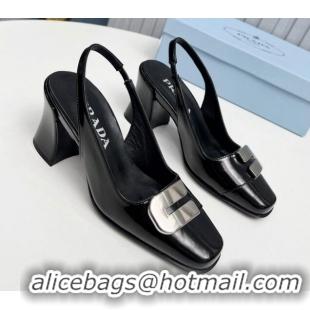 Low Price Prada Brushed Leather Slingback Pumps 8.5cm with Metal-Tone Charm Black 915075