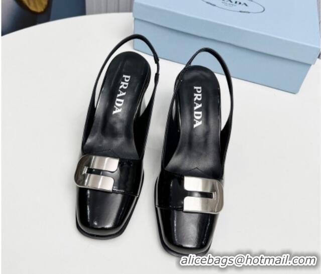 Low Price Prada Brushed Leather Slingback Pumps 8.5cm with Metal-Tone Charm Black 915075