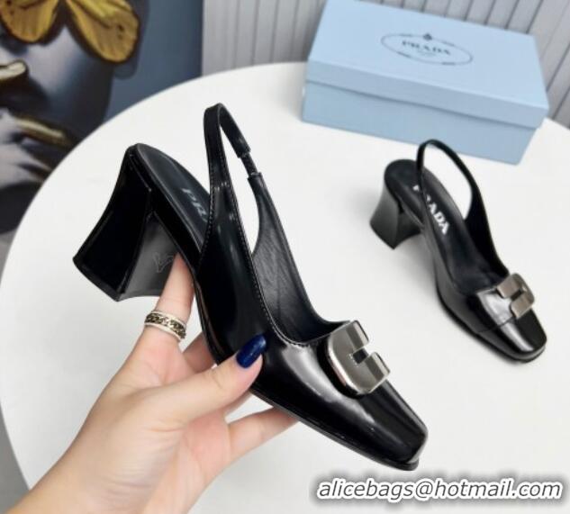 Low Price Prada Brushed Leather Slingback Pumps 8.5cm with Metal-Tone Charm Black 915075