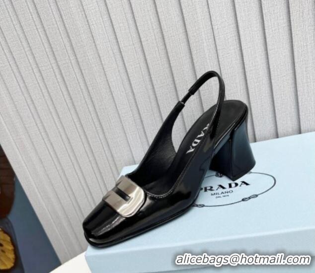 Low Price Prada Brushed Leather Slingback Pumps 8.5cm with Metal-Tone Charm Black 915075