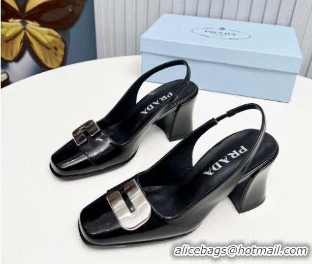 Low Price Prada Brushed Leather Slingback Pumps 8.5cm with Metal-Tone Charm Black 915075