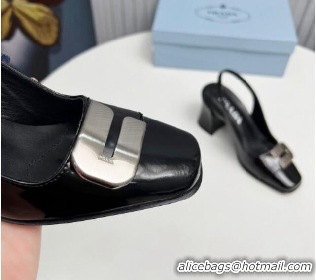 Low Price Prada Brushed Leather Slingback Pumps 8.5cm with Metal-Tone Charm Black 915075