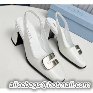 Purchase Prada Brushed Leather Slingback Pumps 8.5cm with Metal-Tone Charm White 915076