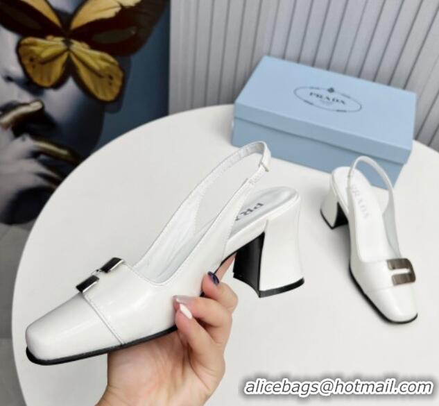 Purchase Prada Brushed Leather Slingback Pumps 8.5cm with Metal-Tone Charm White 915076