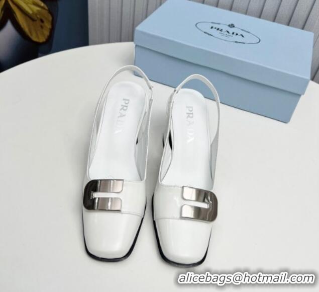 Purchase Prada Brushed Leather Slingback Pumps 8.5cm with Metal-Tone Charm White 915076