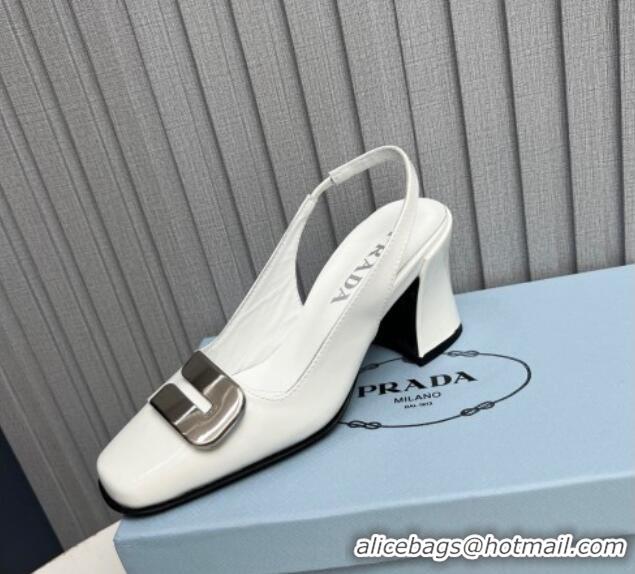 Purchase Prada Brushed Leather Slingback Pumps 8.5cm with Metal-Tone Charm White 915076