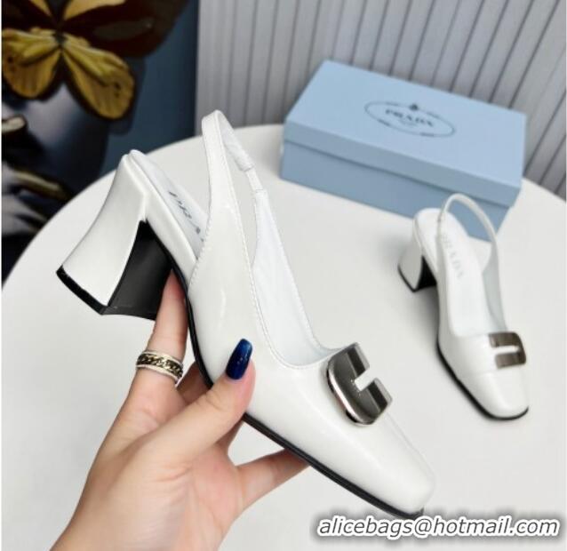 Purchase Prada Brushed Leather Slingback Pumps 8.5cm with Metal-Tone Charm White 915076