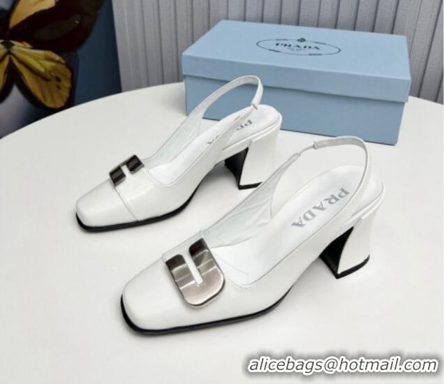 Purchase Prada Brushed Leather Slingback Pumps 8.5cm with Metal-Tone Charm White 915076