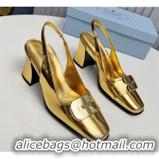 Good Quality Prada Brushed Leather Slingback Pumps 8.5cm with Metal-Tone Charm Gold 915077