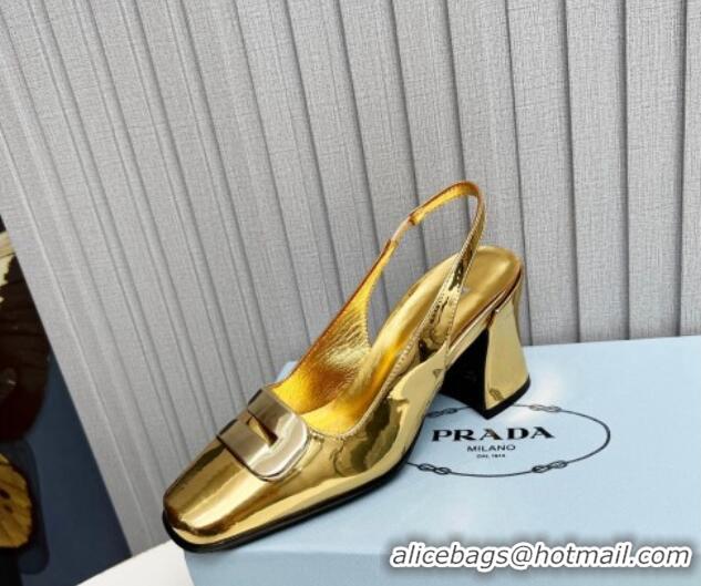 Good Quality Prada Brushed Leather Slingback Pumps 8.5cm with Metal-Tone Charm Gold 915077