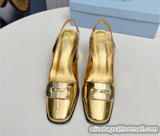 Good Quality Prada Brushed Leather Slingback Pumps 8.5cm with Metal-Tone Charm Gold 915077