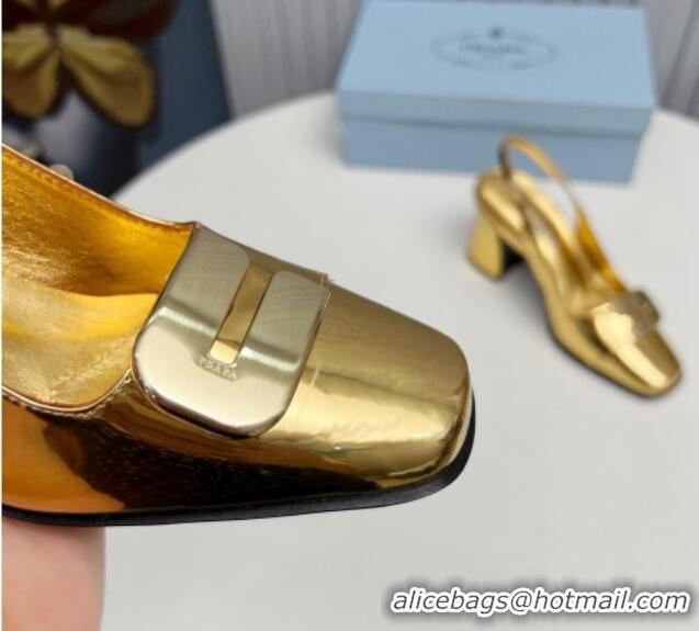 Good Quality Prada Brushed Leather Slingback Pumps 8.5cm with Metal-Tone Charm Gold 915077