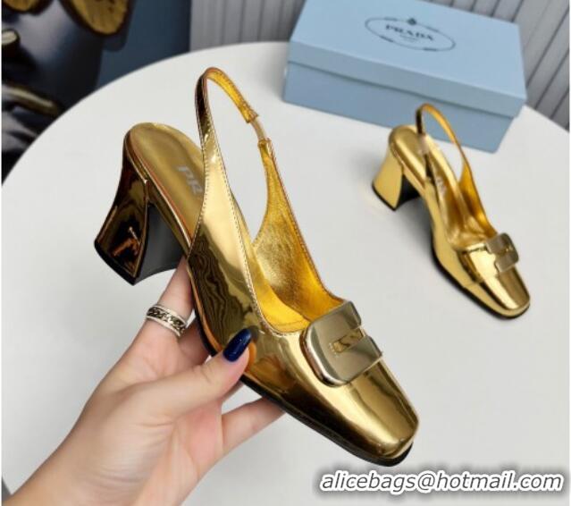 Good Quality Prada Brushed Leather Slingback Pumps 8.5cm with Metal-Tone Charm Gold 915077