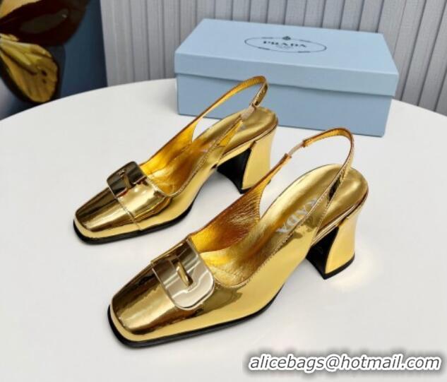 Good Quality Prada Brushed Leather Slingback Pumps 8.5cm with Metal-Tone Charm Gold 915077