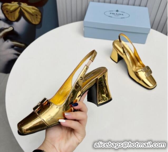 Good Quality Prada Brushed Leather Slingback Pumps 8.5cm with Metal-Tone Charm Gold 915077