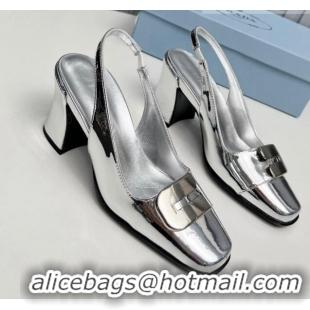 Best Grade Prada Brushed Leather Slingback Pumps 8.5cm with Metal-Tone Charm Silver 915078