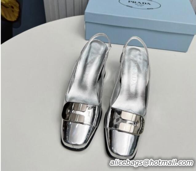 Best Grade Prada Brushed Leather Slingback Pumps 8.5cm with Metal-Tone Charm Silver 915078