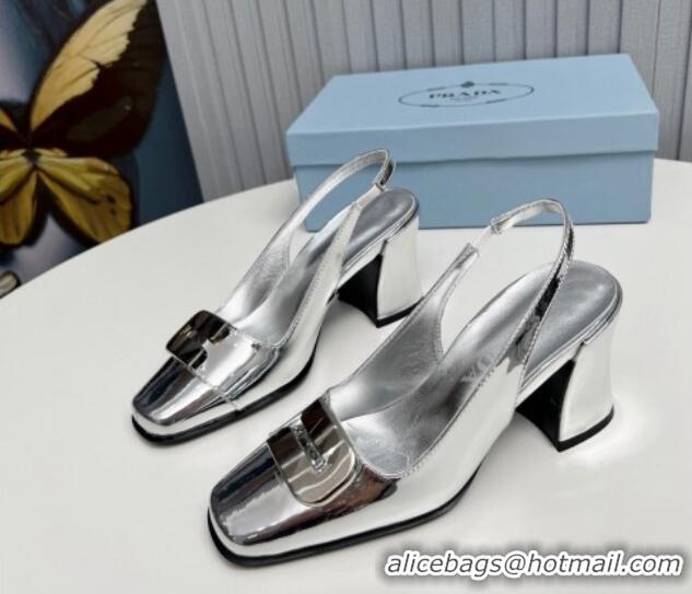 Best Grade Prada Brushed Leather Slingback Pumps 8.5cm with Metal-Tone Charm Silver 915078