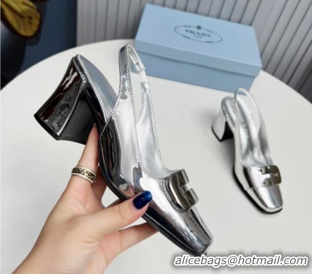 Best Grade Prada Brushed Leather Slingback Pumps 8.5cm with Metal-Tone Charm Silver 915078