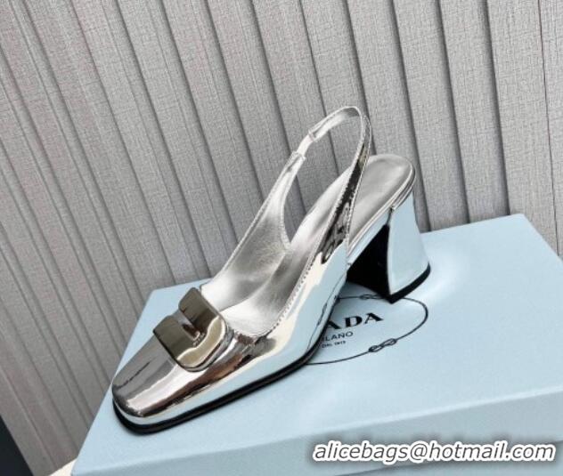 Best Grade Prada Brushed Leather Slingback Pumps 8.5cm with Metal-Tone Charm Silver 915078