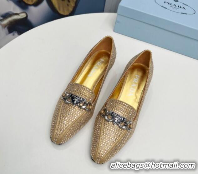 Pretty Style Prada Crystal Allover Pumps 4.5cm with Chain Logo Gold 915079