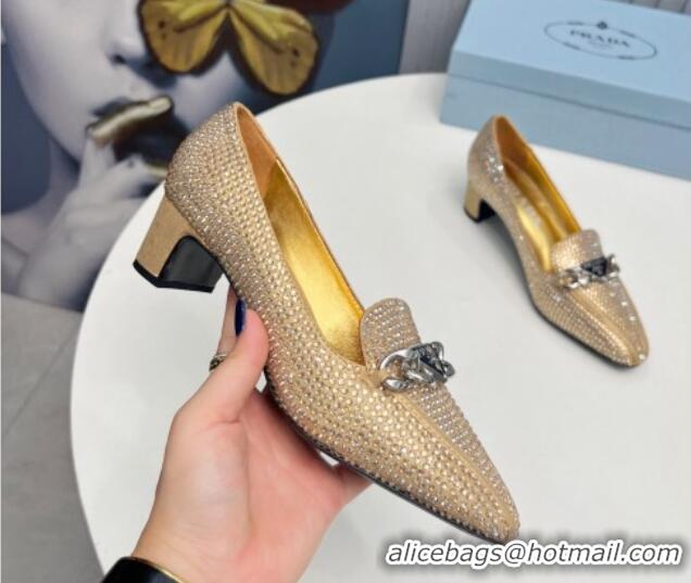 Pretty Style Prada Crystal Allover Pumps 4.5cm with Chain Logo Gold 915079