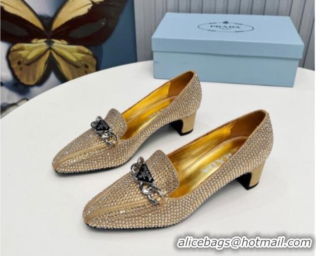 Pretty Style Prada Crystal Allover Pumps 4.5cm with Chain Logo Gold 915079