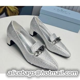 Top Grade Prada Crystal Allover Pumps 4.5cm with Chain Logo Silver 915080