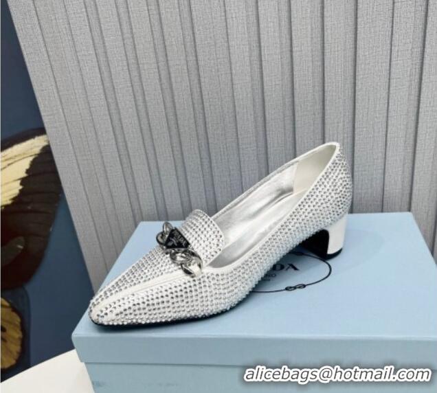 Top Grade Prada Crystal Allover Pumps 4.5cm with Chain Logo Silver 915080