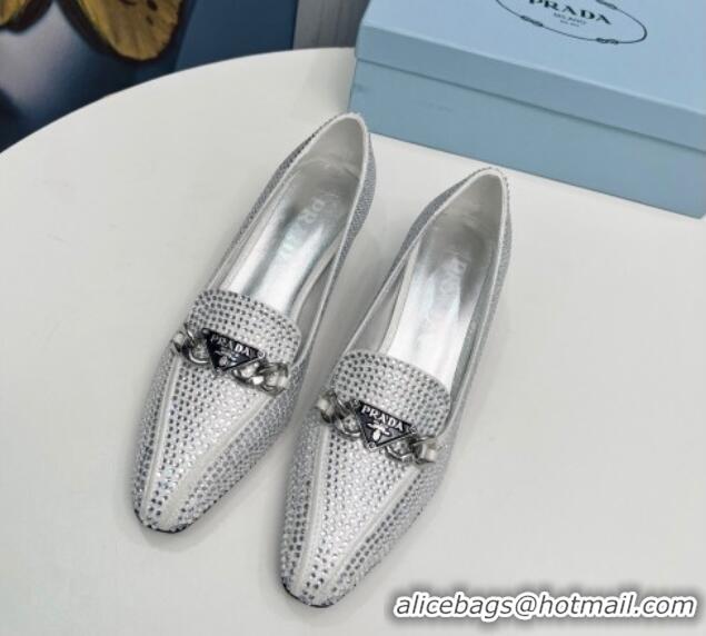 Top Grade Prada Crystal Allover Pumps 4.5cm with Chain Logo Silver 915080