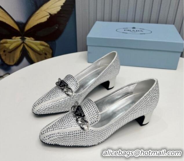 Top Grade Prada Crystal Allover Pumps 4.5cm with Chain Logo Silver 915080