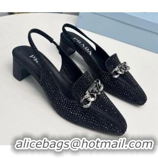 Unique Style Prada Crystal Allover Slingback Pump 4.5cm with Chain Logo Black 915082