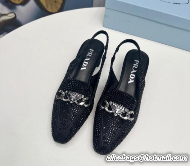 Unique Style Prada Crystal Allover Slingback Pump 4.5cm with Chain Logo Black 915082