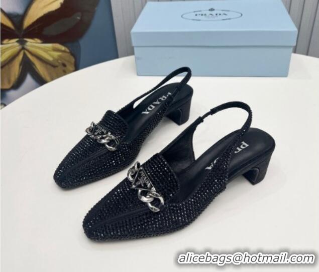 Unique Style Prada Crystal Allover Slingback Pump 4.5cm with Chain Logo Black 915082