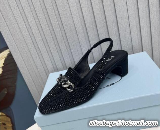 Unique Style Prada Crystal Allover Slingback Pump 4.5cm with Chain Logo Black 915082