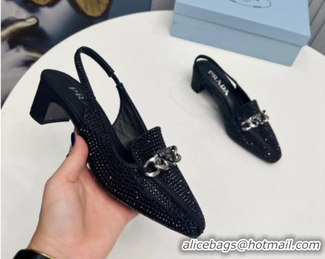 Unique Style Prada Crystal Allover Slingback Pump 4.5cm with Chain Logo Black 915082