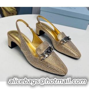 Good Looking Prada Crystal Allover Slingback Pump 4.5cm with Chain Logo Gold 915083