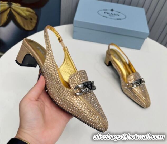 Good Looking Prada Crystal Allover Slingback Pump 4.5cm with Chain Logo Gold 915083