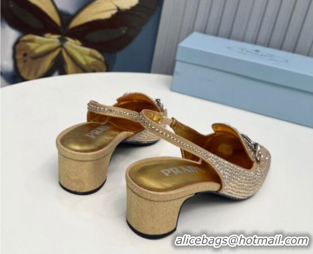 Good Looking Prada Crystal Allover Slingback Pump 4.5cm with Chain Logo Gold 915083