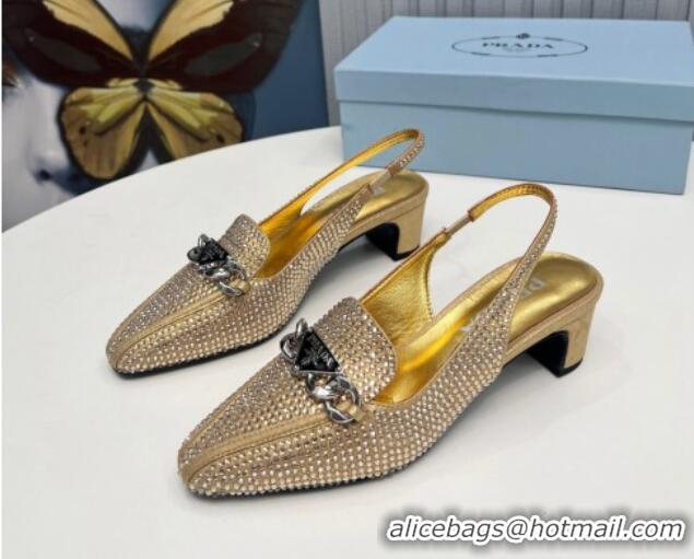 Good Looking Prada Crystal Allover Slingback Pump 4.5cm with Chain Logo Gold 915083